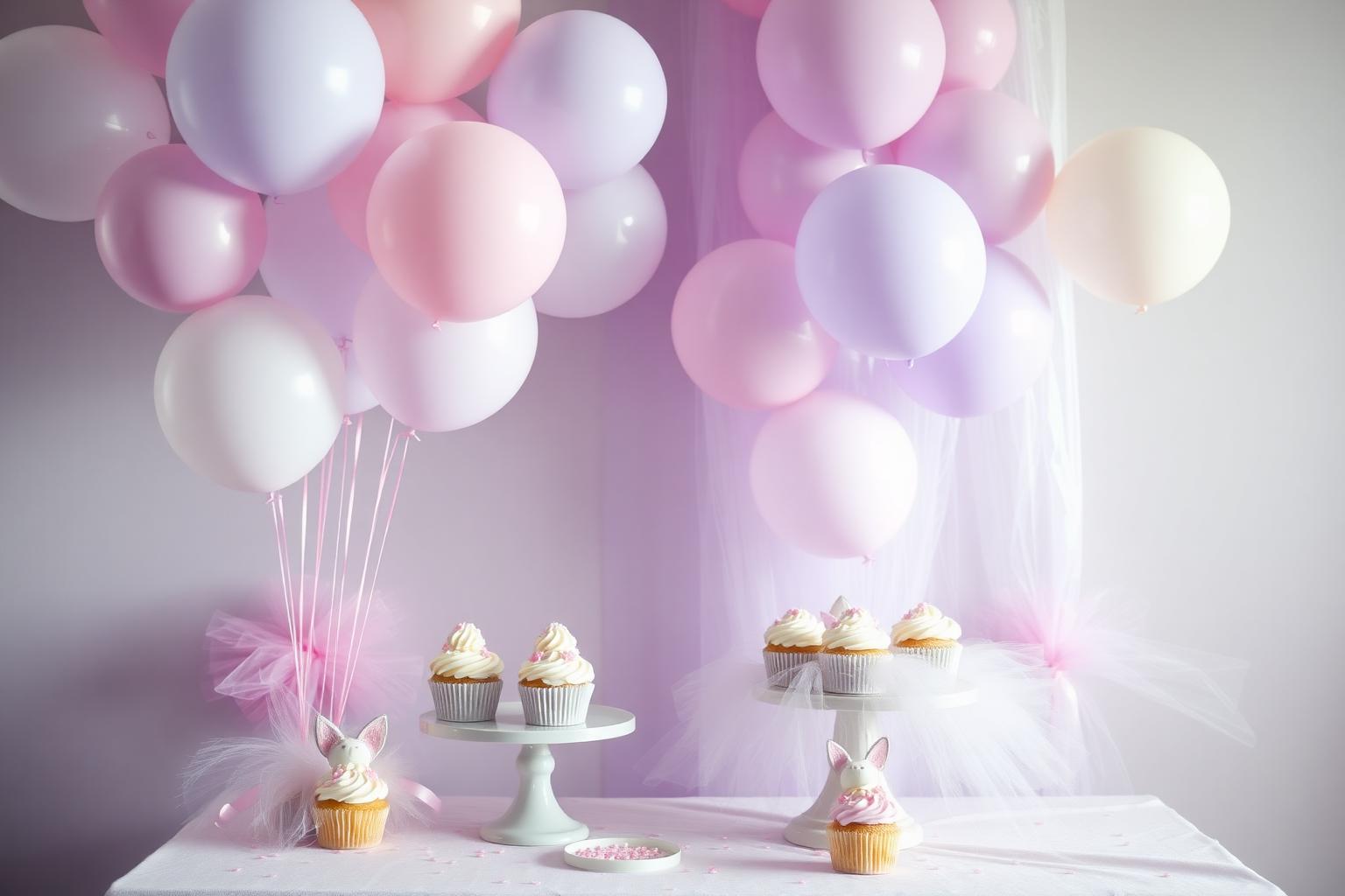 Pastel balloon party table with cupcakes and tulle